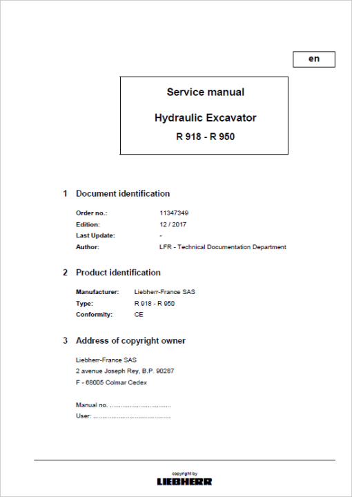 Liebherr R918, R920, R922, R924, R926, R936, R946, R950, R926 Compact Excavator Manual