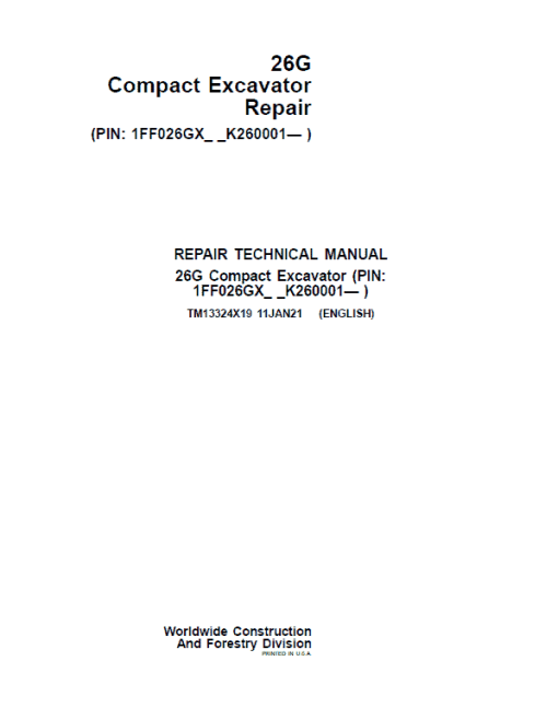 John Deere 26G Excavator Repair Technical Manual (S.N after K260001)