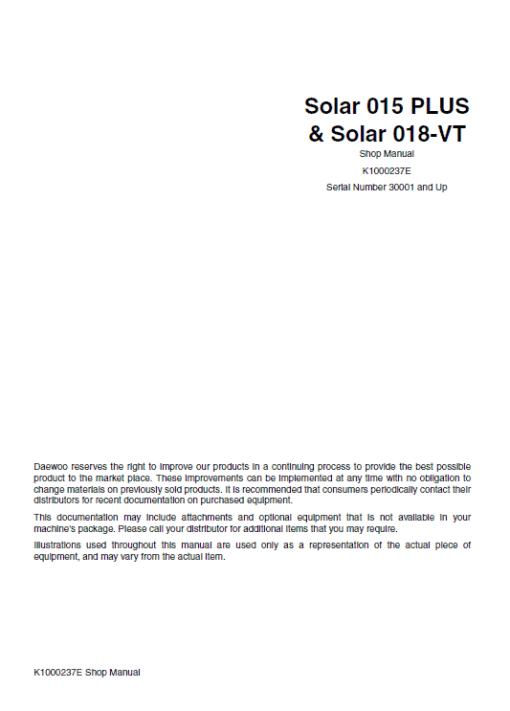 Daewoo Solar S018-VT Excavator Service Manual