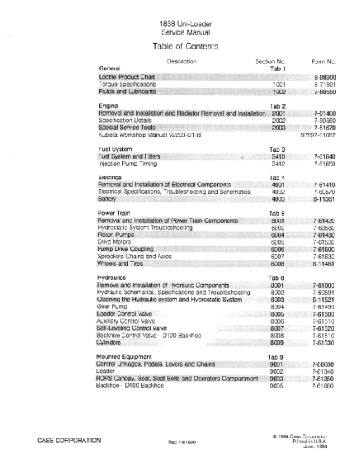 Case 1838 Uni-Loader SkidSteer Service Manual