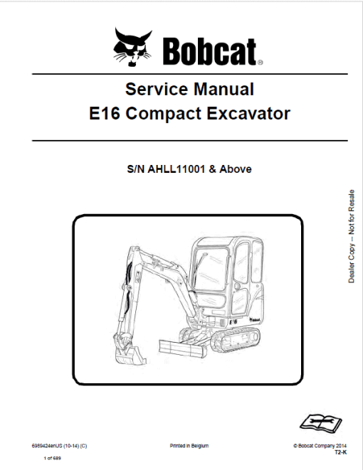 Bobcat E16 Excavator Repair Service Manual