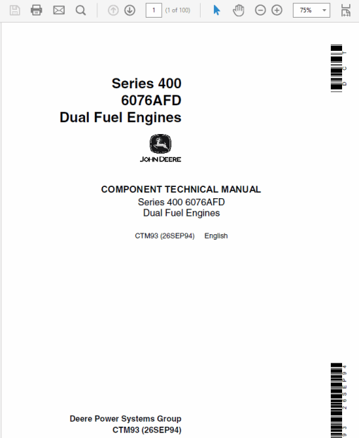 John Deere 400 Series Type 6076AFD Dual Fuel Engines Technical Manual (CTM93)