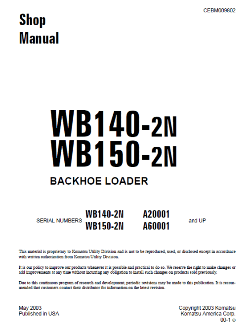 Komatsu WB140-2 and WB150-2 Backhoe Loader Service Manual