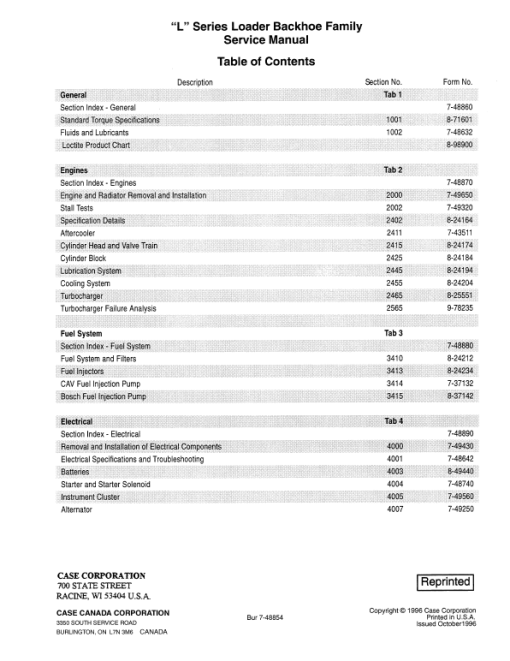 Case L Series Loader Backhoe Service Manual