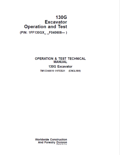 John Deere 130GLC Excavator Repair Technical Manual (S.N after F040608 - )