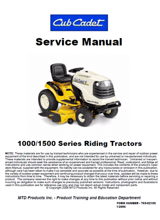 Cub Cadet 1000 and 1500 Series Service Manual