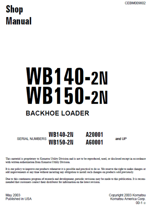 Komatsu WB140-2N and WB150-2N Backhoe Loader Service Manual