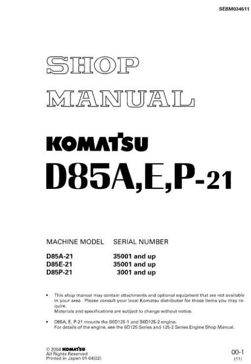 Komatsu D85A-21,D85E-21, D85P-21 Dozer Service Manual