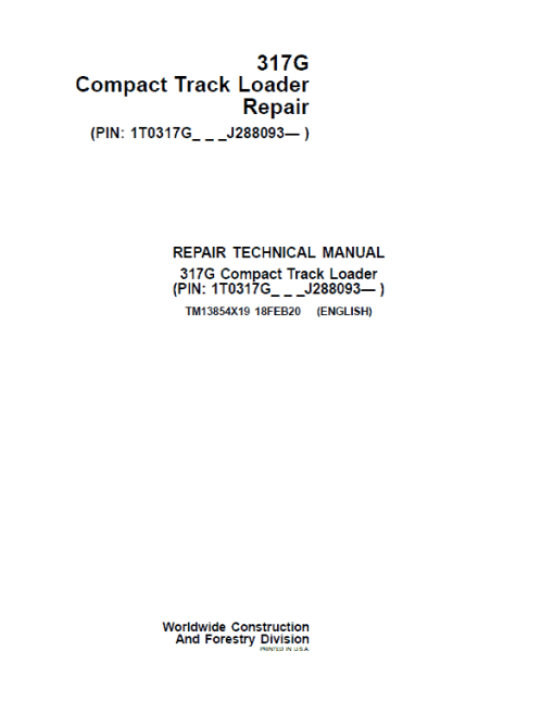 John Deere 317G Compact Track Loader Technical Manual (S.N after J288093 - )