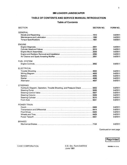 Case 380 Loader Landscaper Service Manual