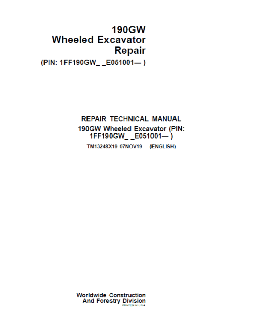 John Deere 190GW Wheeled Excavator Repair Technical Manual (S.N after E051001 - )