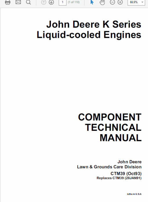 John Deere K Series Air Cooled & Liquid Cooled Engines Manual (CTM5 and CTM39)