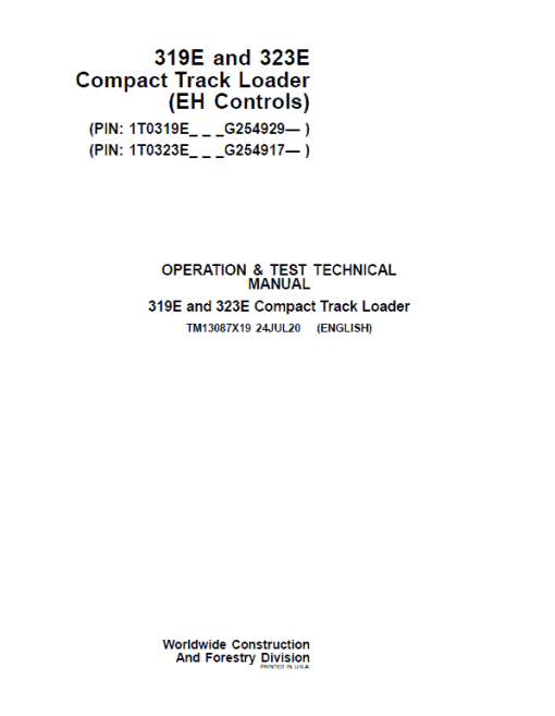 John Deere 319E, 323E SkidSteer Loader Technical Manual (EH Controls - SN after G254917)