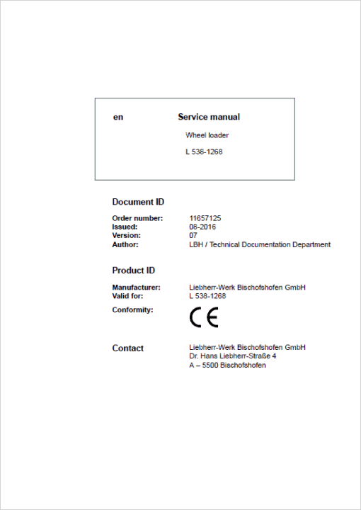 Liebherr L538 Type 1268 Wheel Loader Service Manual