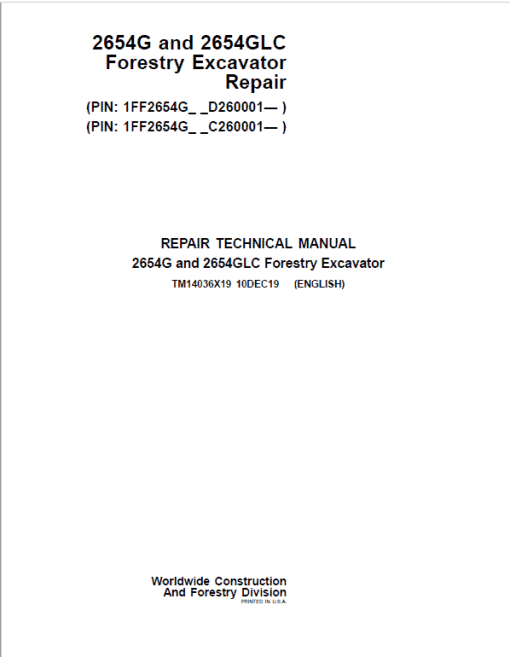 John Deere 2654G, 2654GLC Swing Excavator Repair Manual (S.N C260001 - & D260001 - )