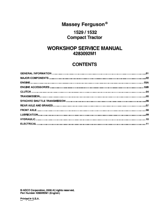 Massey Ferguson 1529, 1532 Tractors Service Workshop Manual