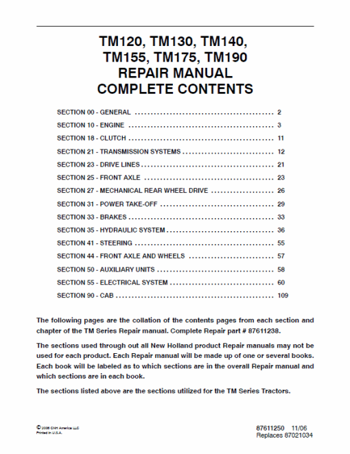 New Holland TM120, TM130, TM140, TM155, TM175, TM190 Tractors Manual