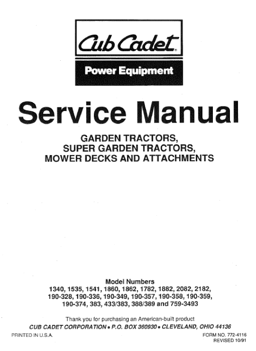 Cub Cadet 1860, 1862 and 1882 Service Manual