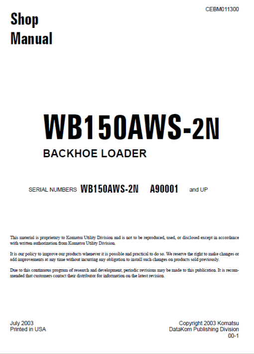 Komatsu WB150AWS-2N Backhoe Loader Service Manual