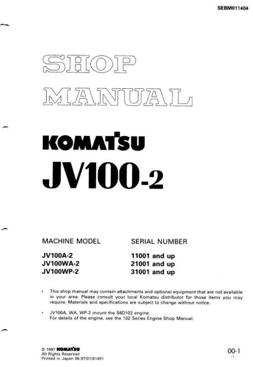 Komatsu JV100A-2, JV100WA-2, JV100WP-2 Drum Rollers Manual