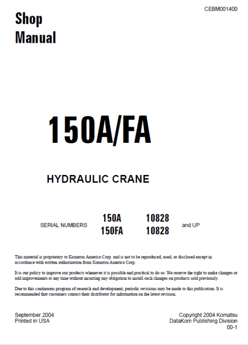 Komatsu 150A and 150FA Hydraulic Crane Service Manual