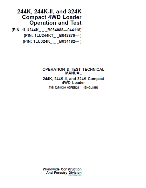 John Deere 244K, 244K-II, 324K Compact 4WD Loader Technical Manual ( S.N B034182 - ) - Image 2