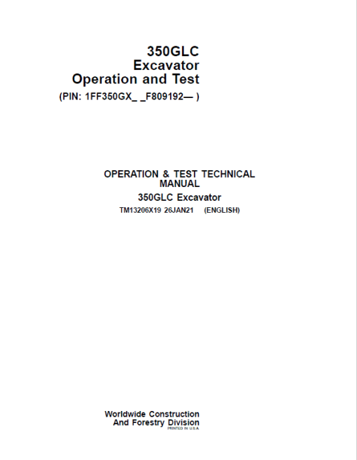 John Deere 350GLC Excavator Repair Technical Manual (S.N after F809192 - )