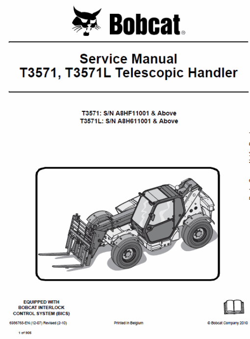 Bobcat T3571, T3571L Telescopic Handler Service Repair Manual