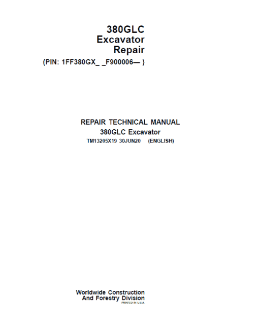 John Deere 380GLC Excavator Repair Technical Manual (S.N after F900006 - )