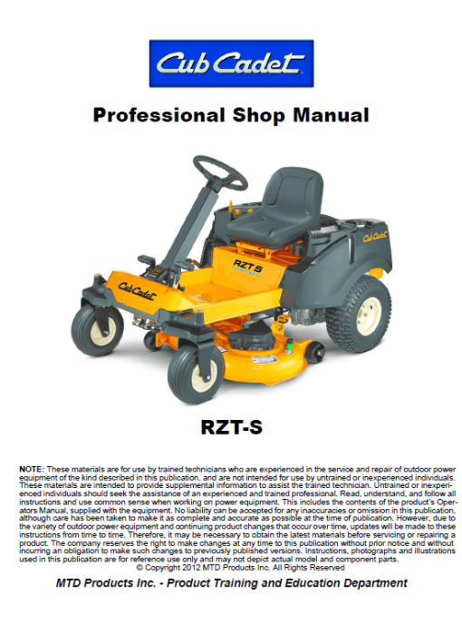 Cub Cadet RZT S Series (2012 and After) Service Manual