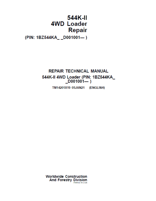 John Deere 544K-II 4WD Loader Repair Technical Manual (S.N after D001001 - )