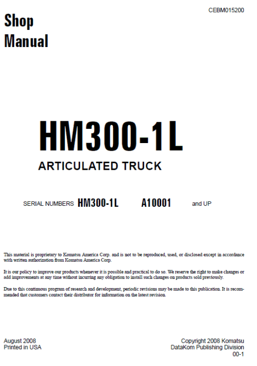 Komatsu HM300-1L Dump Truck Service Manual