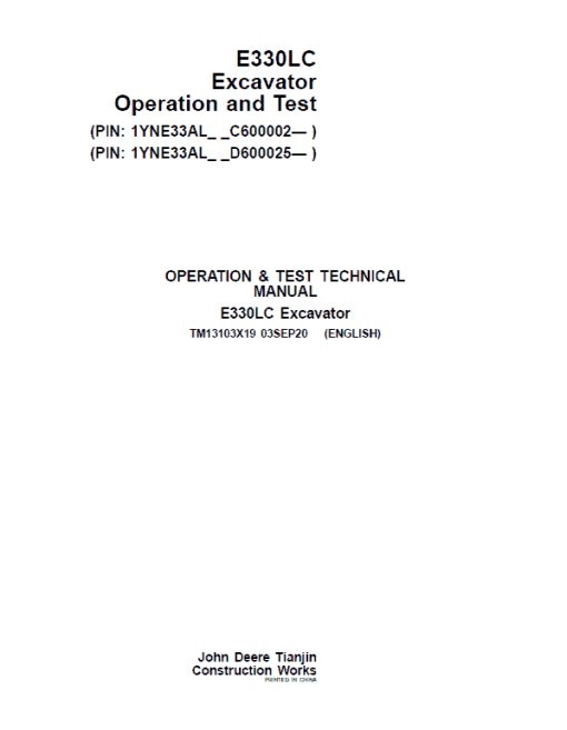 John Deere E330LC Excavator Repair Technical Manual (S.N after C600002 & D600025- )