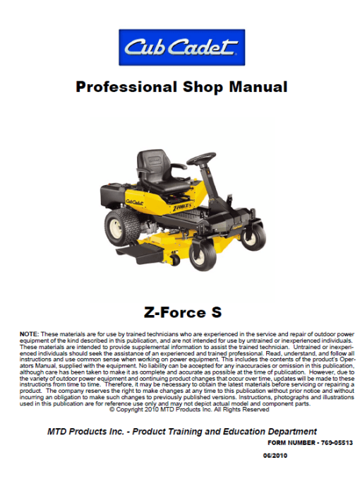 Cub Cadet Z-FORCE S Series (2010) Service Manual