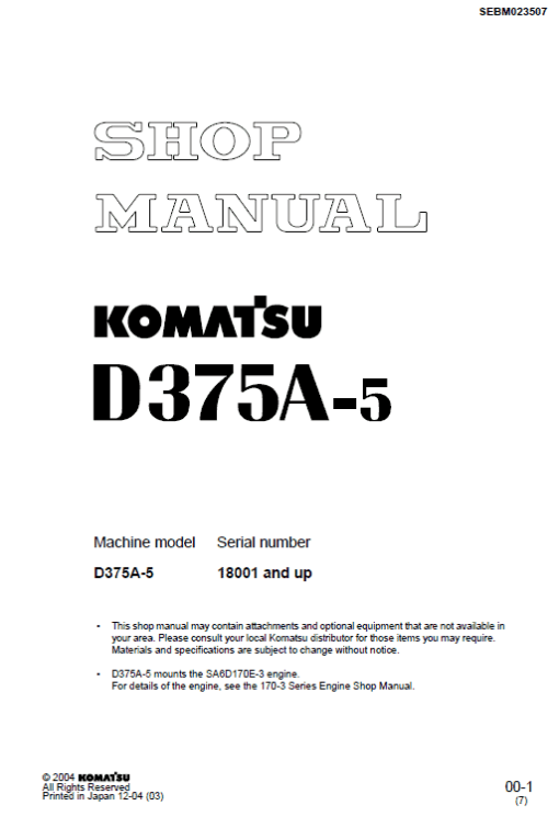 Komatsu D375A-5, D375A-5E0 Dozer Service Manual - Image 6