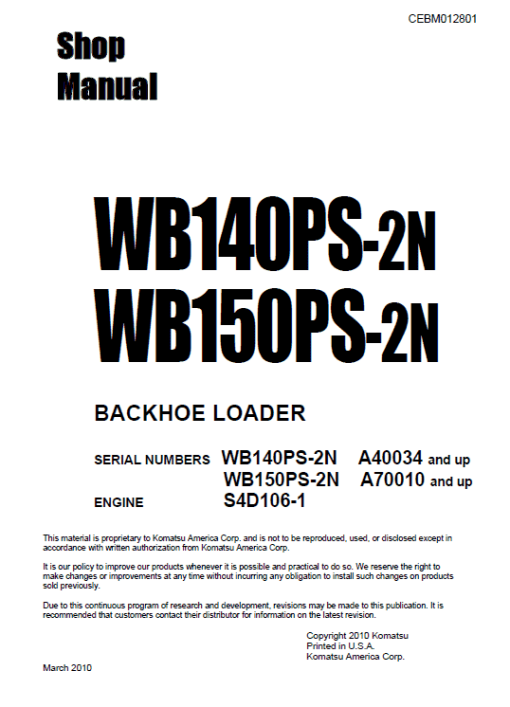 Komatsu WB140PS-2N and WB150PS-2N Backhoe Loader Service Manual - Image 2