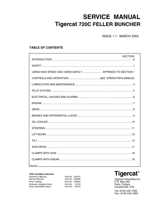 Tigercat 720C Feller Buncher Repair Service Manual (SN 7203001 - 7203499)