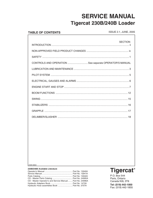 Tigercat 230B, 240B Loader Repair Service Manual