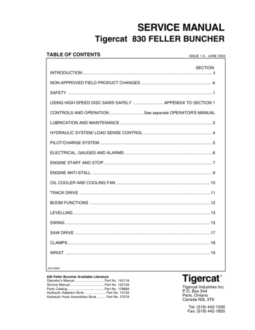 Tigercat 830 Feller Buncher Repair Service Manual (8300111 to 8300189 or 830T0111 to 830T0189)