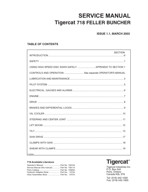 Tigercat 718 Feller Buncher Repair Service Manual (SN 7180101 - 7180900)