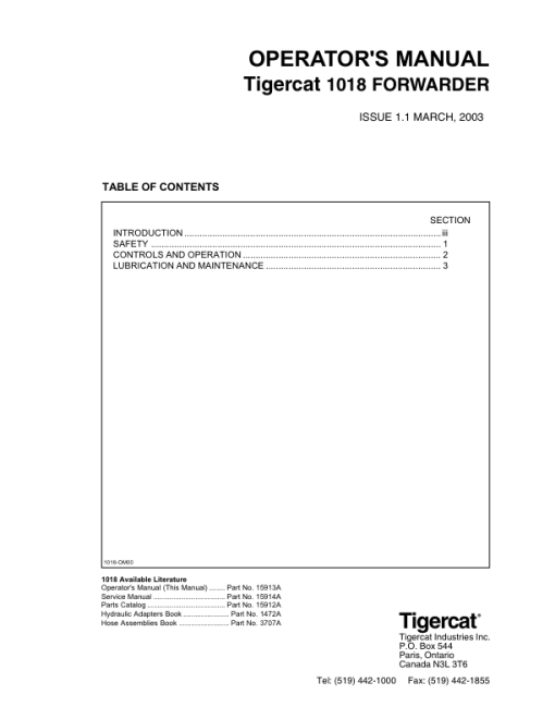 Tigercat 1018 Forwarder Repair Service Manual (10180101 - 10180499) - Image 2