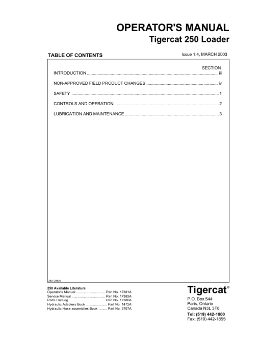 Tigercat 250 Loader Repair Service Manual (2500101 - 2500499) - Image 5