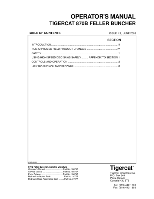 Tigercat 870B, L870B Feller Buncher Repair Service Manual - Image 2