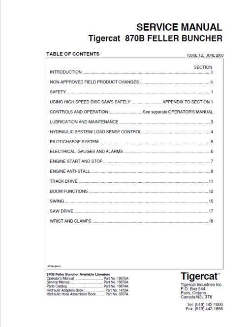 Tigercat 870B, L870B Feller Buncher Repair Service Manual