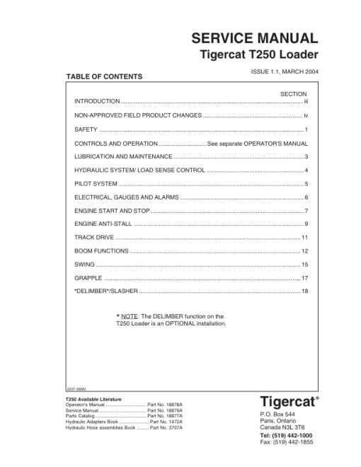 Tigercat T250 Loader Repair Service Manual (250T0101 - 250T0499)