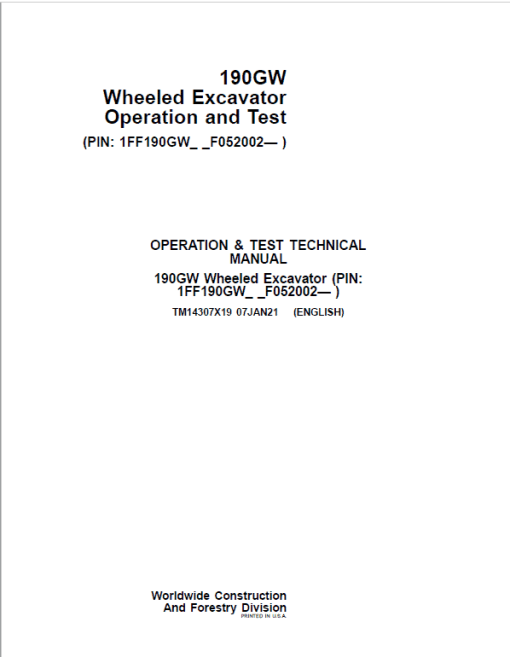 John Deere 190GW Wheeled Excavator Repair Technical Manual (S.N after F052002 -) - Image 2