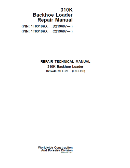 John Deere 310K Backhoe Loader Repair Technical Manual (S.N after C219607 & D219607 - ) - Image 2