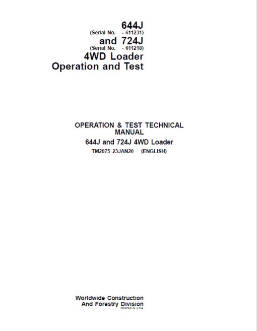 John Deere 644J, 724J 4WD Loader Repair Technical Manual (S.N before - 611231) - Image 2