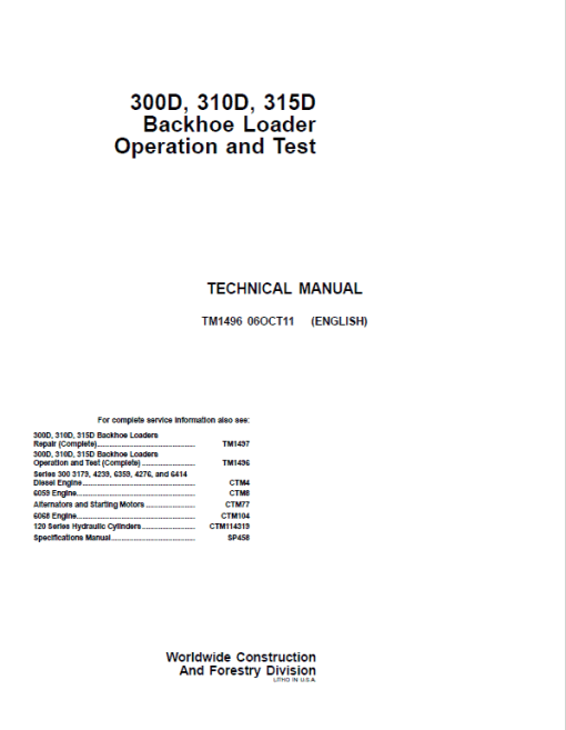 John Deere 300D, 310D, 315D Backhoe Loader Repair Technical Manual - Image 2