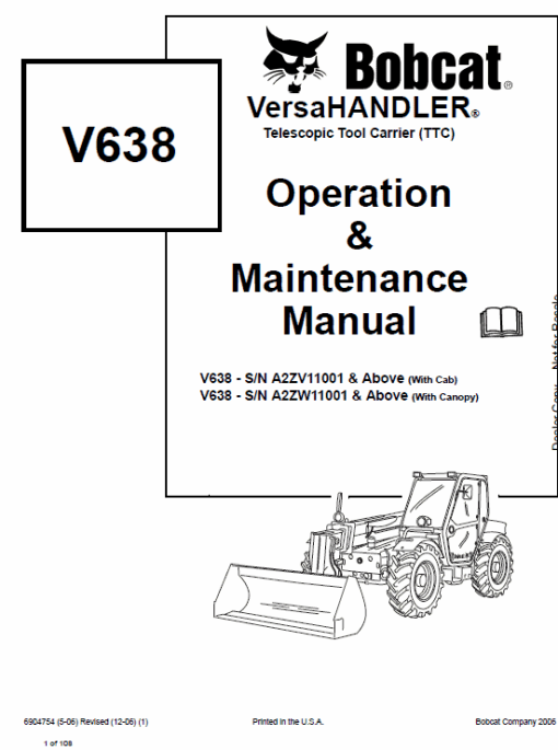 Bobcat V638 VersaHANDLER Telescopic Service Manual - Image 2